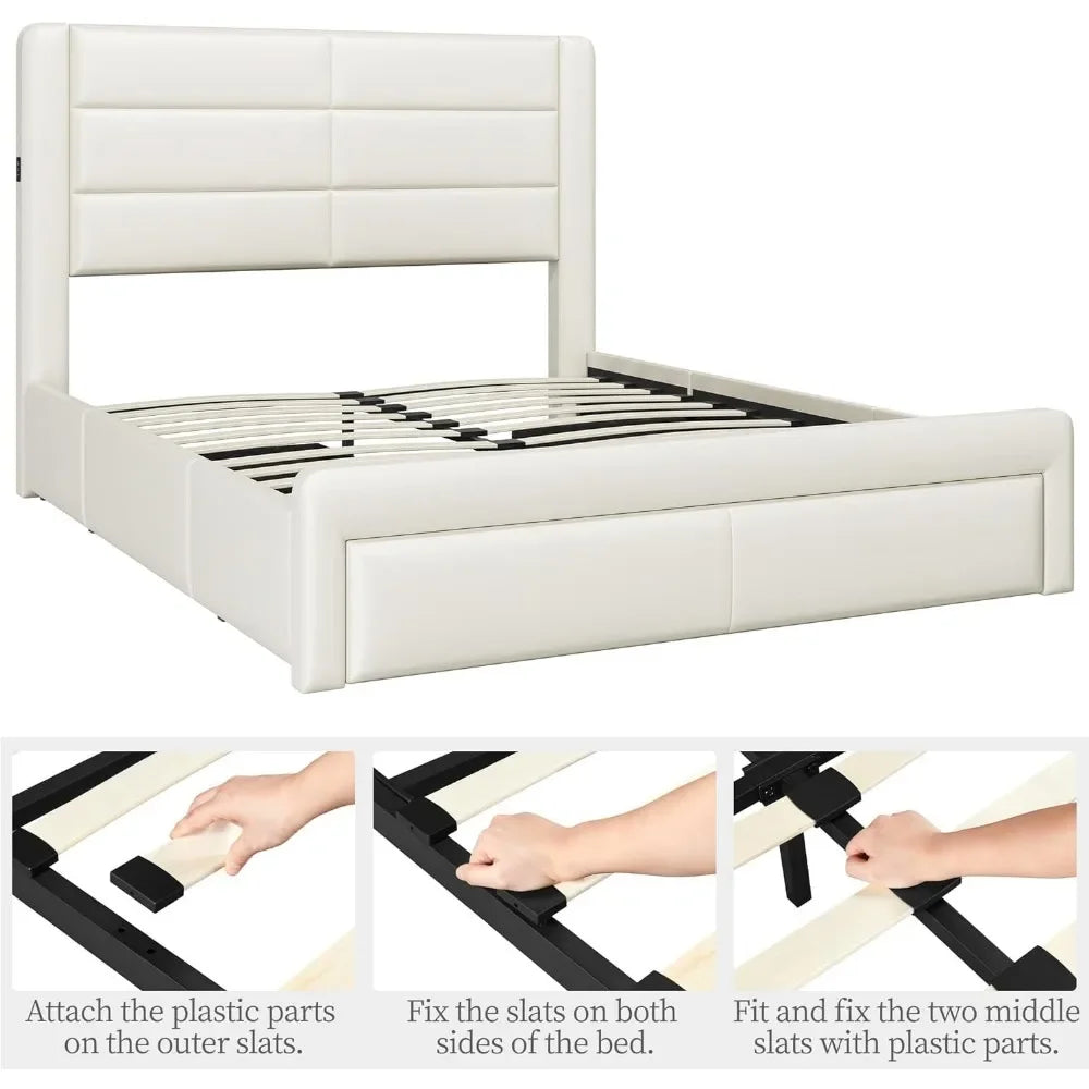 Queen Size Bed Frame with USB Charging Station/Port Storage Drawers,Leather Upholstered Platform Bed with Headboard86Lx63Wx41.5H