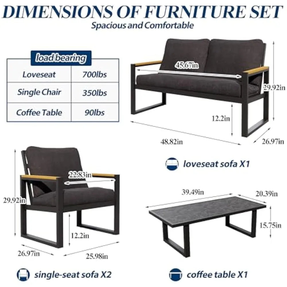 Ensemble de meubles d'extérieur à cadre en aluminium 4 pièces - Ensemble de canapés de conversation modernes pour patio, ensemble de meubles de jardin avec chaises simples