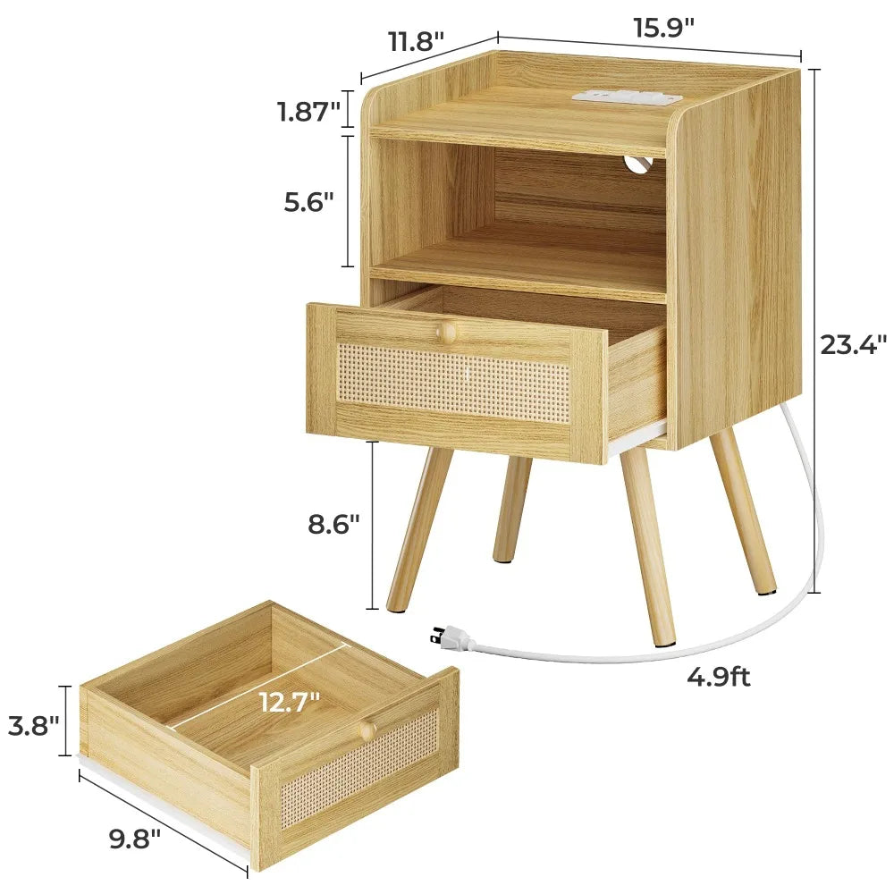 Juego de 2 mesitas de noche, mesitas de noche con estación de carga y cajón decorativo de ratán sintético, mesitas de noche con patas de madera maciza