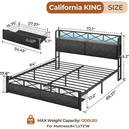 Marco de cama California King con espacio de almacenamiento oculto y 2 cajones Cama de plataforma de metal California King Size