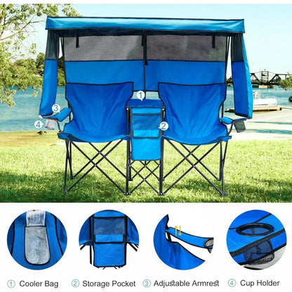 Double Camping Chair With Canopy Shade Beach Chairs With Cup Holder Heavy Duty Folding for Outside Lawn Patio Chaise De Plage