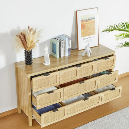 4/6/9 Drawer Dresser, Modern Rattan Dresser Chest with Large Storage and Metal Handles, Rustic Wood Storage Chest of Drawers