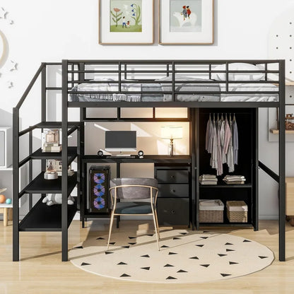 Cama alta completa con escritorio y armario, cama alta con escaleras de almacenamiento, cama alta de tamaño completo para adultos, niños y adolescentes, de metal, color negro