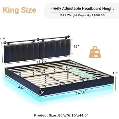 Cadre de lit flottant Queen avec lumières LED et tête de lit fixée au mur Cadre de lit à plateforme à LED Queen Size Rembourré en similicuir