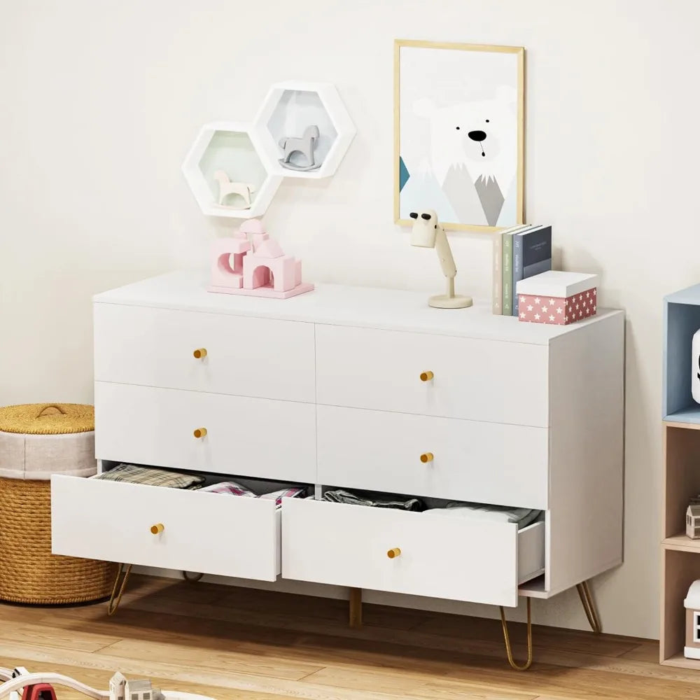 MAISONPEX Dresser for Bedroom with 6 Drawers and Metal Handle,Sturdy Frame Modern Bedroom Furniture, Chest of Drawers, White Dre