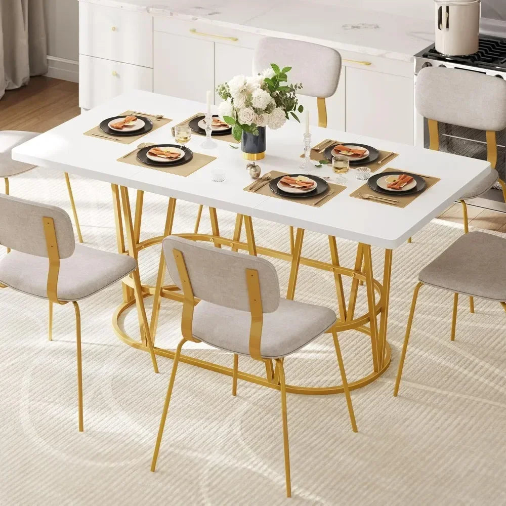 Table à manger moderne de 70,3 po avec plateau en faux marbre et pieds géométriques dorés, table à manger en bois pour les réunions de salle à manger, blanc