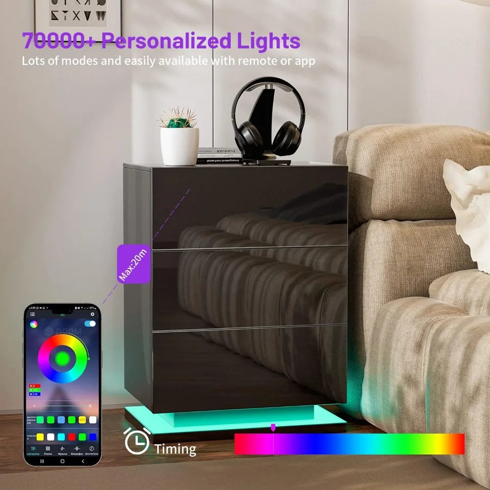 LED Nightstand Set of 2 with 3 Drawers, I Flapping Top Box for Bedroom, Living Room, High Gloss Panel Modern LED Nightstand