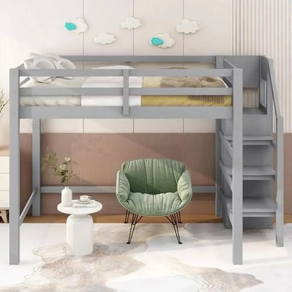 Cama alta de tamaño completo con armario de almacenamiento y escalera, estructura de cama alta de madera de gran capacidad de carga, dormitorio para niños, niñas y niños, color gris