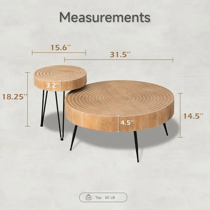 Ensemble de table basse de salon de ferme moderne, table gigogne ronde finition naturelle avec motif d'anneau en bois fabriqué à la main,