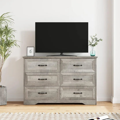 Bedroom Dresser, 6 Drawer Dresser with Oak Wood Grain Finished, Suitable for Bedroom, Closet, Living Room, Wooden, Grey