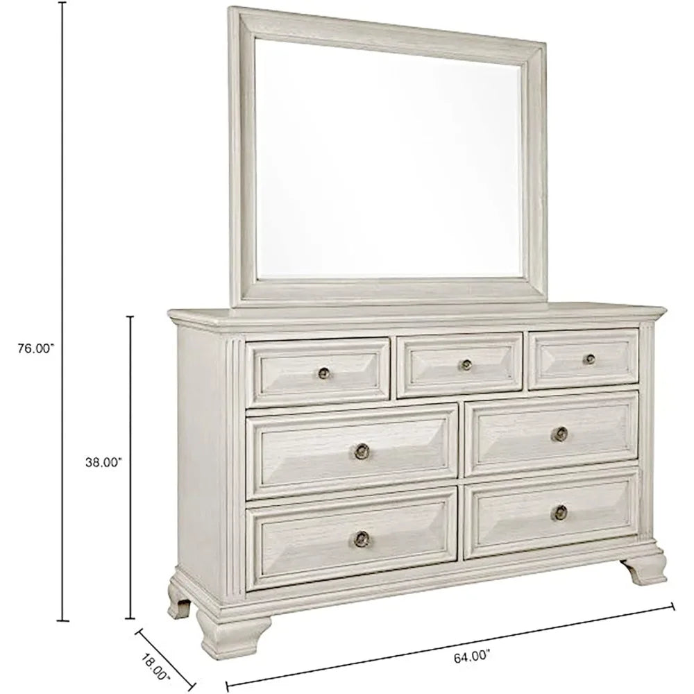 7-Drawer Dresser with Mirror, Renova Distressed Parchment Wood Bedroom Collection,for Living Room ,bedroom