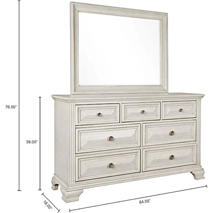 7-Drawer Dresser with Mirror, Renova Distressed Parchment Wood Bedroom Collection,for Living Room ,bedroom