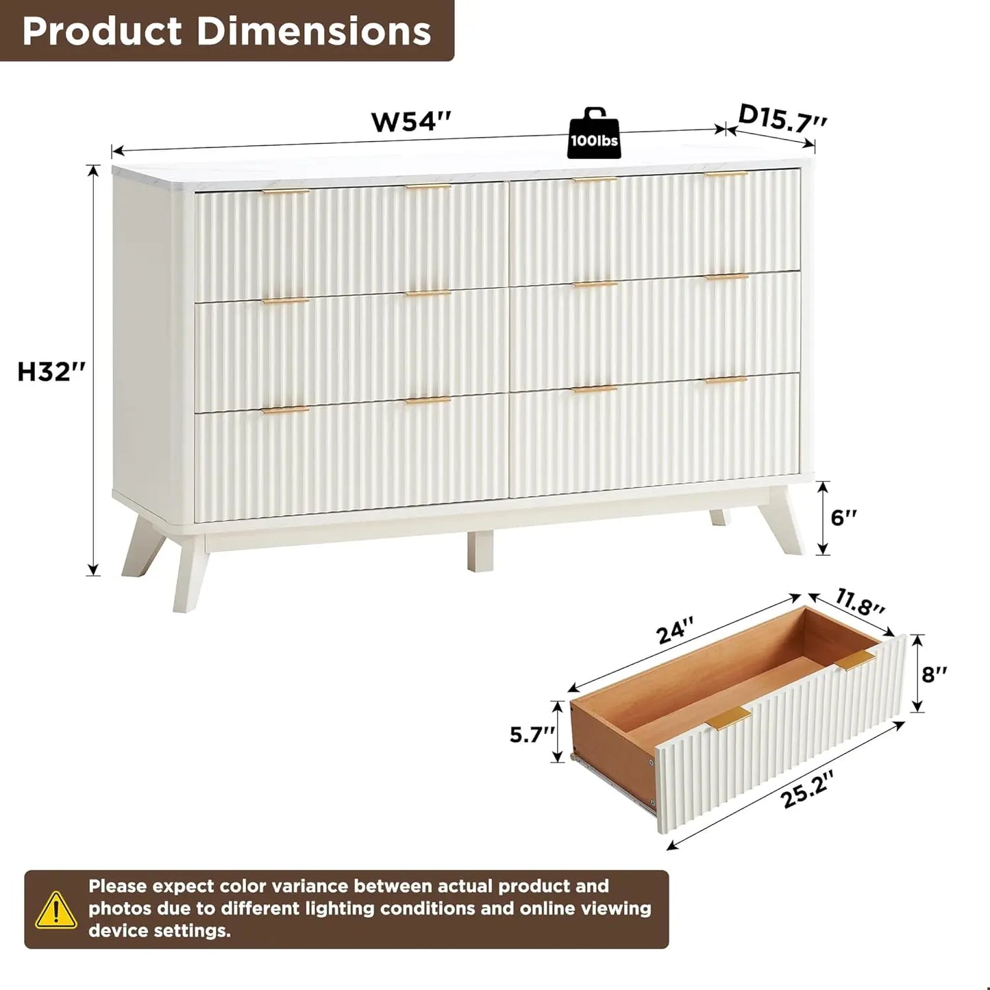 T4TREAM Fluted 6 Drawers Dresser, 54" Wide Modern Chest of Drawers with Faux Marble Top, Curved Profile Design, Dresser TV Stand