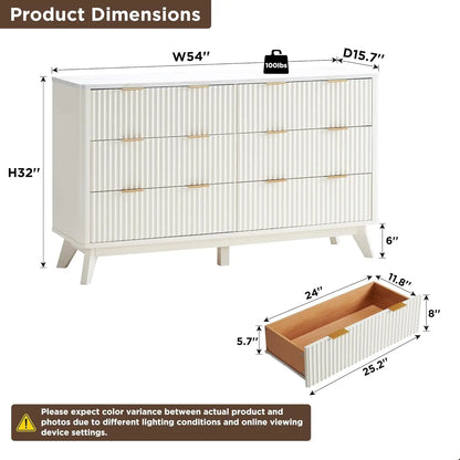 T4TREAM Fluted 6 Drawers Dresser, 54" Wide Modern Chest of Drawers with Faux Marble Top, Curved Profile Design, Dresser TV Stand