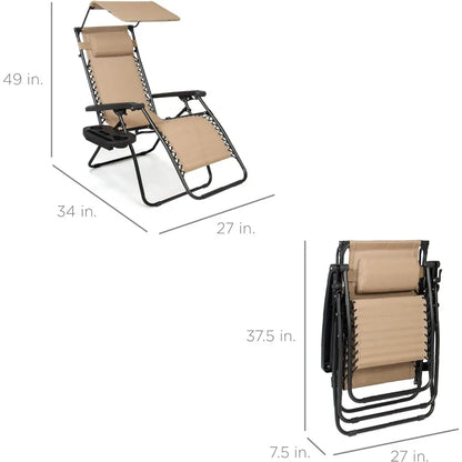 Chaise de plage pliante, pare-soleil réglable, appui-tête et plateau d'accessoires latéral, chaises longues d'extérieur toutes saisons.