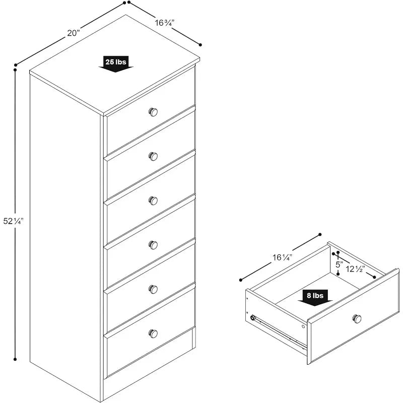 Cómoda alta blanca Astrid: 16" de profundidad x 20" de ancho x 52" de alto, cómoda de 6 cajones para dormitorio de Prepac: cómoda perfecta para un amplio espacio