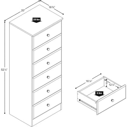 Cómoda alta blanca Astrid: 16" de profundidad x 20" de ancho x 52" de alto, cómoda de 6 cajones para dormitorio de Prepac: cómoda perfecta para un amplio espacio