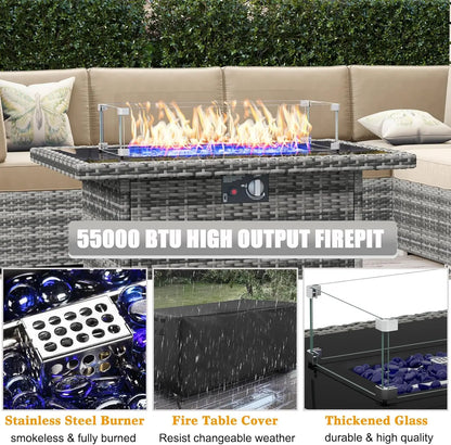 8 Piece Patio Furniture Set with 44" Propane Gas Fire Pit Table, Set Wicker Rattan Sofa Set and Coffee Table Rattan Möbel