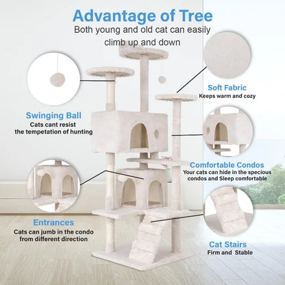 Cat Tree 54in Multi-Level Durable Cat Scratching Post & Cozy Fun Jumping Platform Space Saving Condo Pet Play House for Indoor