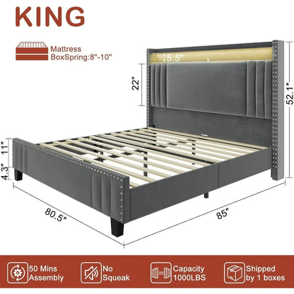 King Size Bed Frame With Tall Headboard & LED Light,Velvet Upholstered Wingback Storage,with Charging Station,bed Frame