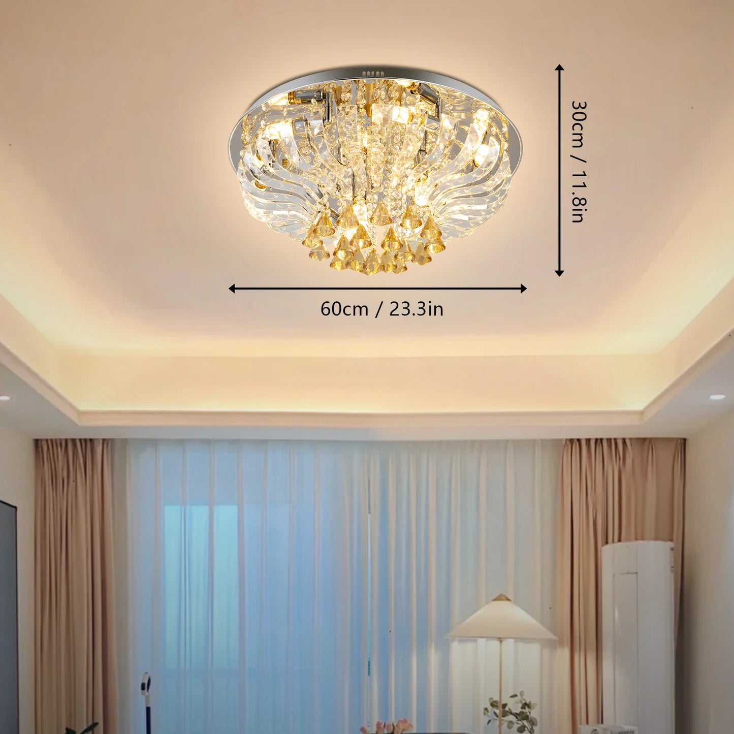 60*30cm Crystal Ceiling Lamp K9 Modern Crystal Chandelier 85V-265V with Light Remote Control Three Light Colors for Dining Room