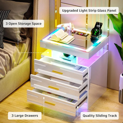 Muebles de dormitorio de cristal con pantalla táctil Mesita de noche con LED RGB Mesita de noche con estación de carga Inicio