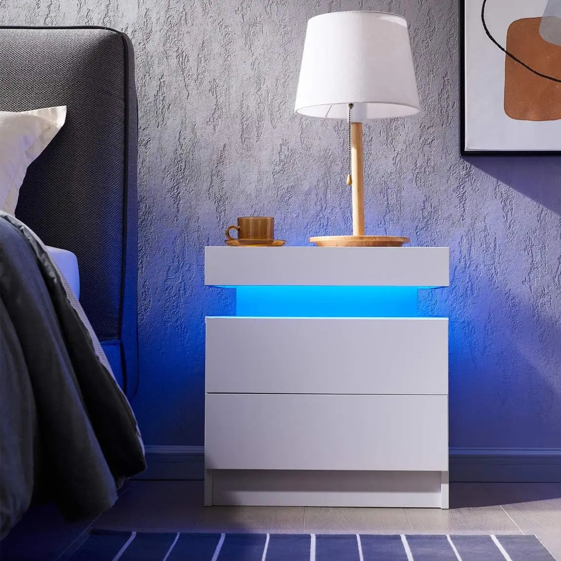 Lot de 2 tables de chevet LED avec 2 tiroirs, table de chevet avec tiroirs pour meubles de chambre à coucher, table de chevet d'appoint avec lumière LED, blanc