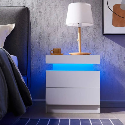 Set of 2 LED Nightstand with 2 Drawers, Bedside Table with Drawers for Bedroom Furniture, Side Bed Table with LED Light, White