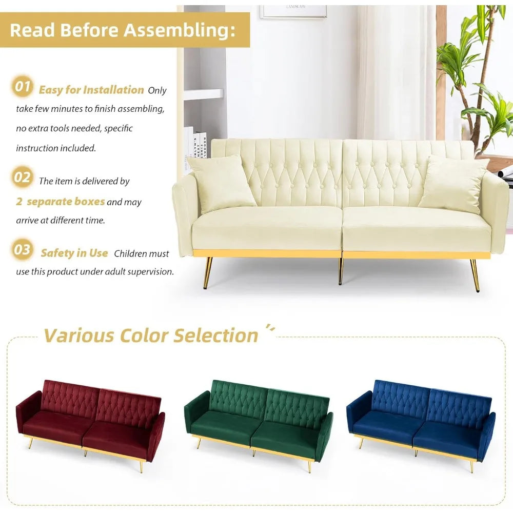 70in Velvet Futon Sofa Bed W/Adjustable Backrests and Armrests, Convertible Futon Couch with Two Pillows, Tufted Sleeper Bed