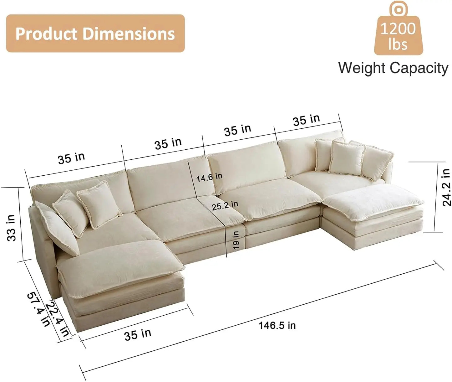 Sofá modular seccional en forma de L de chenilla, cómodo sofá Cloud de 3 plazas con otomana/chaise longue y 5 almohadas para sala de estar y dormitorio