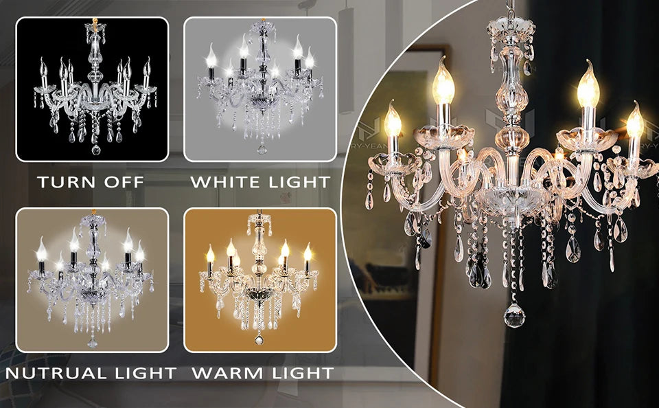 TRY-YEAN Transparent Cognac Crystal Glass 6 Arms Chandelier Glass Living Room Bedroom Dining Room Hanging Lamp Lobby Suspension