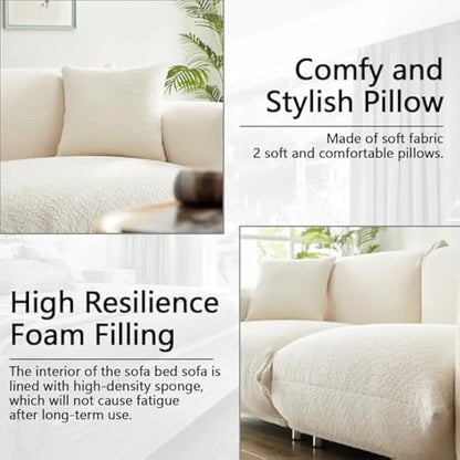 3 Seater Oversized Cloud Couch Loveseat Sofa w/2 Pillows,Comfy Sherpa Lambswool Fabric Modular Sectional Sofa w/Metal Legs,White