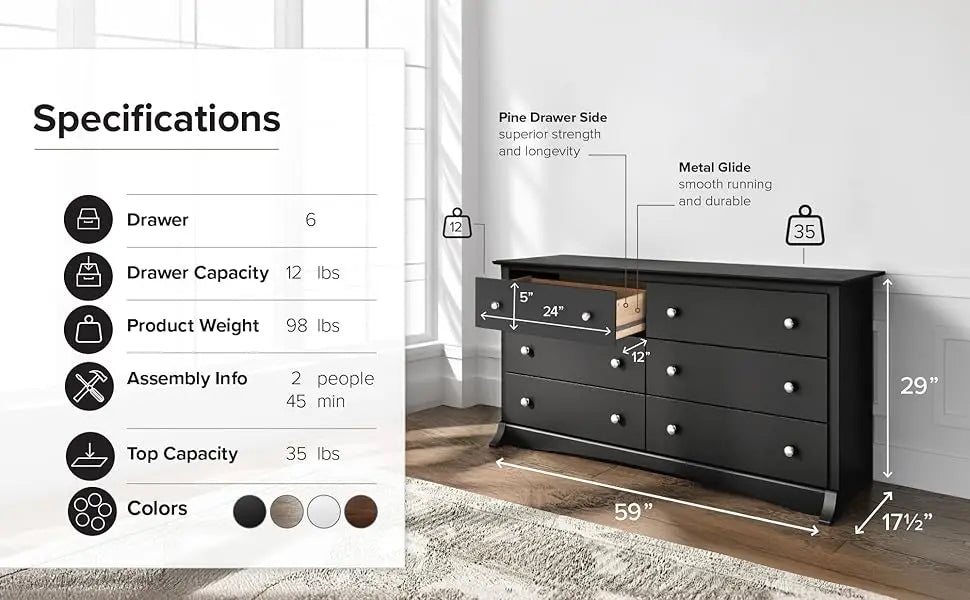 Prepac Sonoma bedroom furniture: Black double dresser for bedroom, chest of drawers, traditional bedroom dresser, 59 "W x 16" d