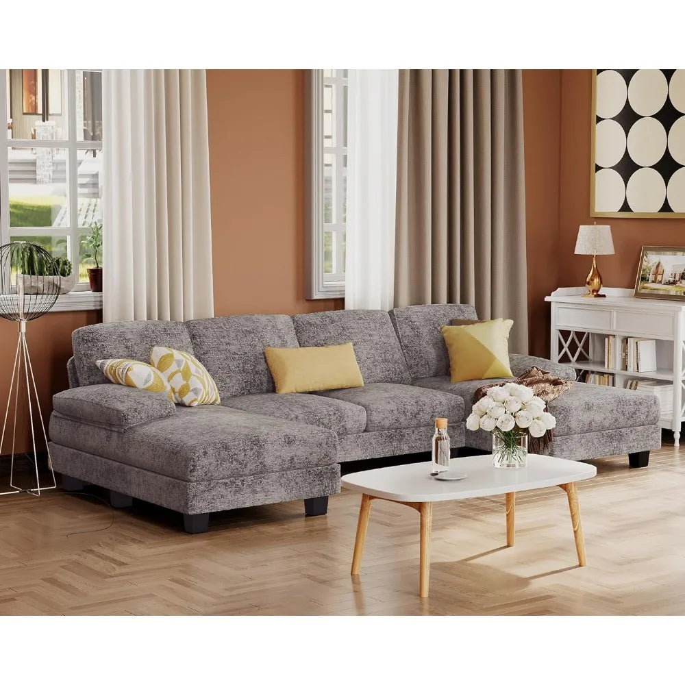 Furmax Sectional Couches for Living Room, U-Shaped Sofa Couch with Linen Fabric, 4 Seat Sofa Set with Double Chaise for Apartmen