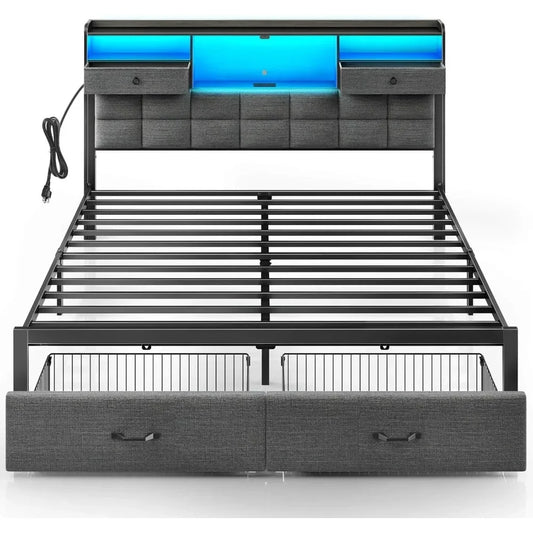 Bed Frame King Size with Drawers and Charging Station, Upholstered Platform Bed with Storage Headboard and LED Light