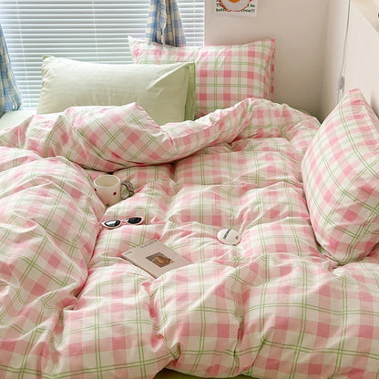 Classic Pink Green Grid Bedding Set Fashion Single Double Bed Linens Cover Quilt Pillowcase for Girl Boy Home Textile