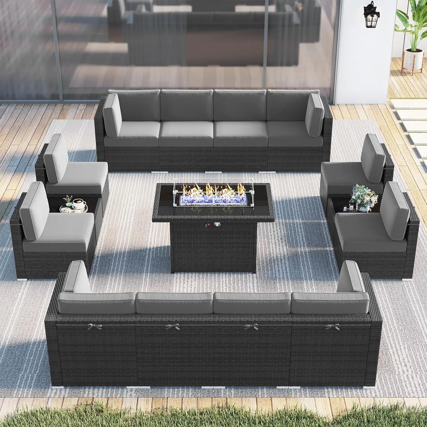 8 Piece Patio Furniture Set with 44" Propane Gas Fire Pit Table, Set Wicker Rattan Sofa Set and Coffee Table Rattan Möbel