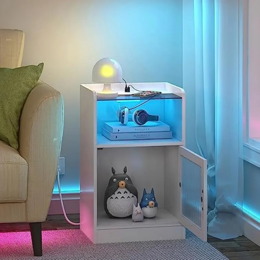 Nightstand with Power Outlet and LED Light, Side End Table with Storage Cabinet, Modern Bedside Table for Bedroom, Living Room