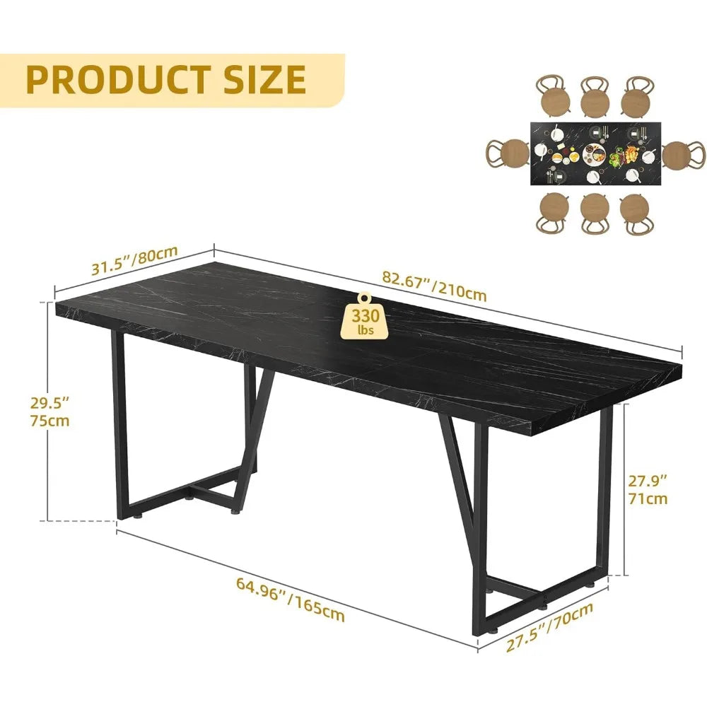 Table à manger rectangulaire moderne de 82,6 pouces pour 8 à 10 personnes, plateau en faux marbre et pieds géométriques en métal, table de cuisine pour les familles