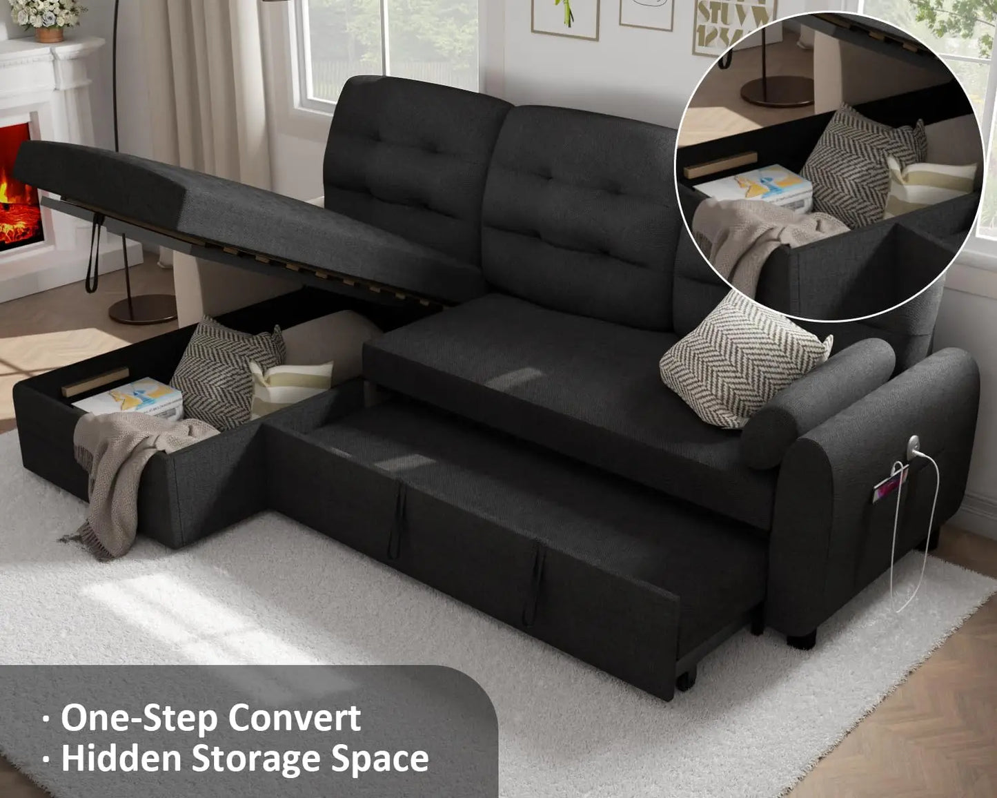 Sectional Sofa Couch, Sleeper Sofa Bed with Reversible Storage Chaise Pull Out Couch | Charging Station | Removable Backrest