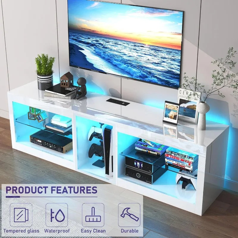 Supports TV LED avec lumières LED de 60 000 couleurs, prise de courant de 6,5 pieds pour téléviseur 55 60 65 70 pouces, nouveau centre de divertissement moderne à haute brillance