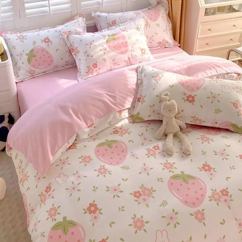 Jolie parure de lit rose fraise, drap de lit en coton lavé doux, housse de couette à fleurs, housse de couette pour fille, maison pour enfant