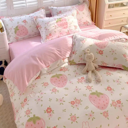 Lovely Strawberry Pink Bedding Set Soft Washed Cotton Bed Sheet INS Flower Duvet Cover Girls Comforter Cover Home For Child