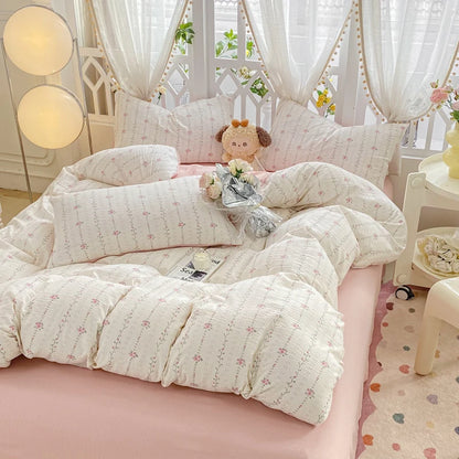 Juego de cama romántico con diseño floral, sábanas planas y fundas de almohada de color rosa, ropa de cama tamaño queen y twin, funda de edredón de princesa para niñas, sin relleno