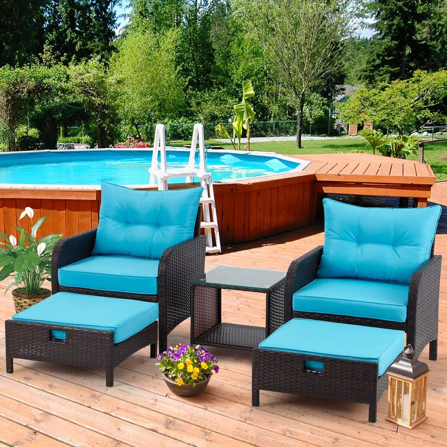 Ensemble de meubles de patio, chaises d'extérieur en rotin avec table basse en verre trempé, poufs et coussins moelleux, ensemble de conversation en osier