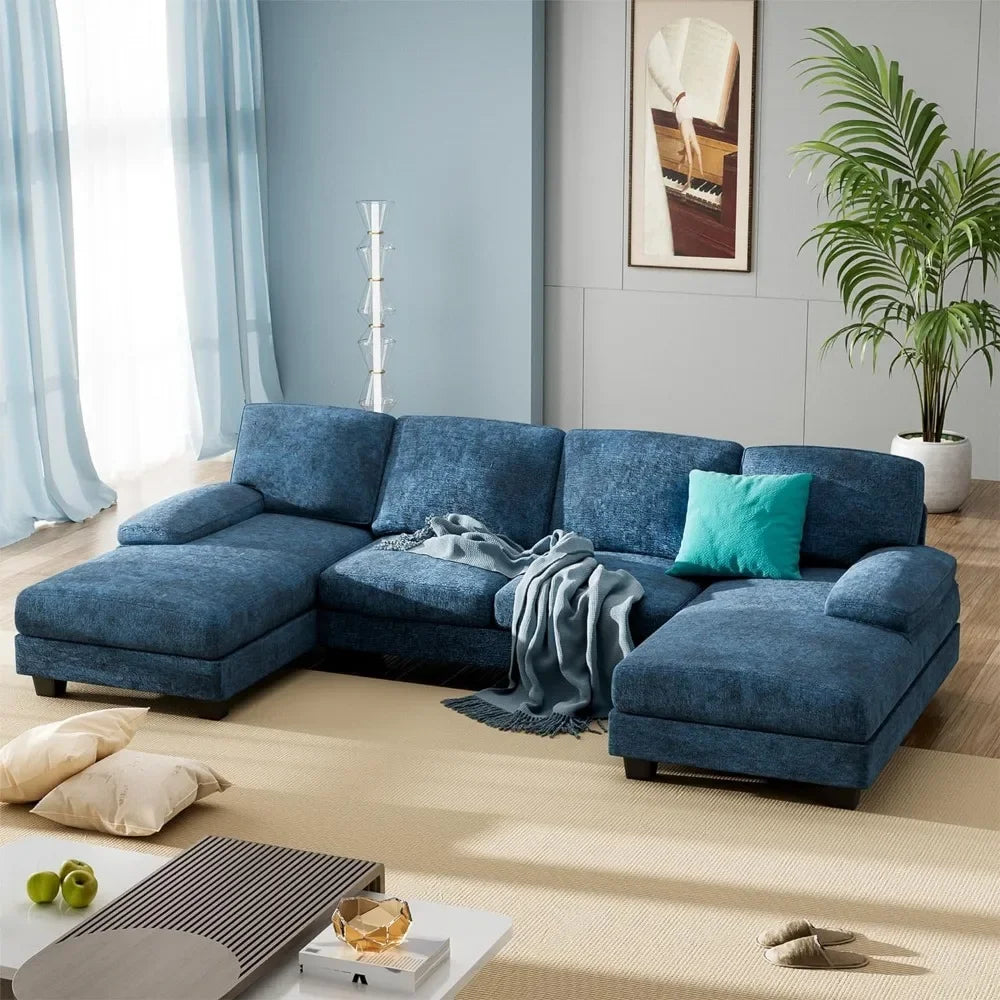 Living Sectional Sofas Couch,Fabric Modular Sofa Sleeper Chaise Memory Foam Blue 4 Seat Sofa Set for Living Room U-Shaped