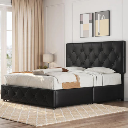 Queen Size Upholstered Frame 4 Drawers And Adjustable Headboard, Faux Leather Platform Bed With Mattress Foun