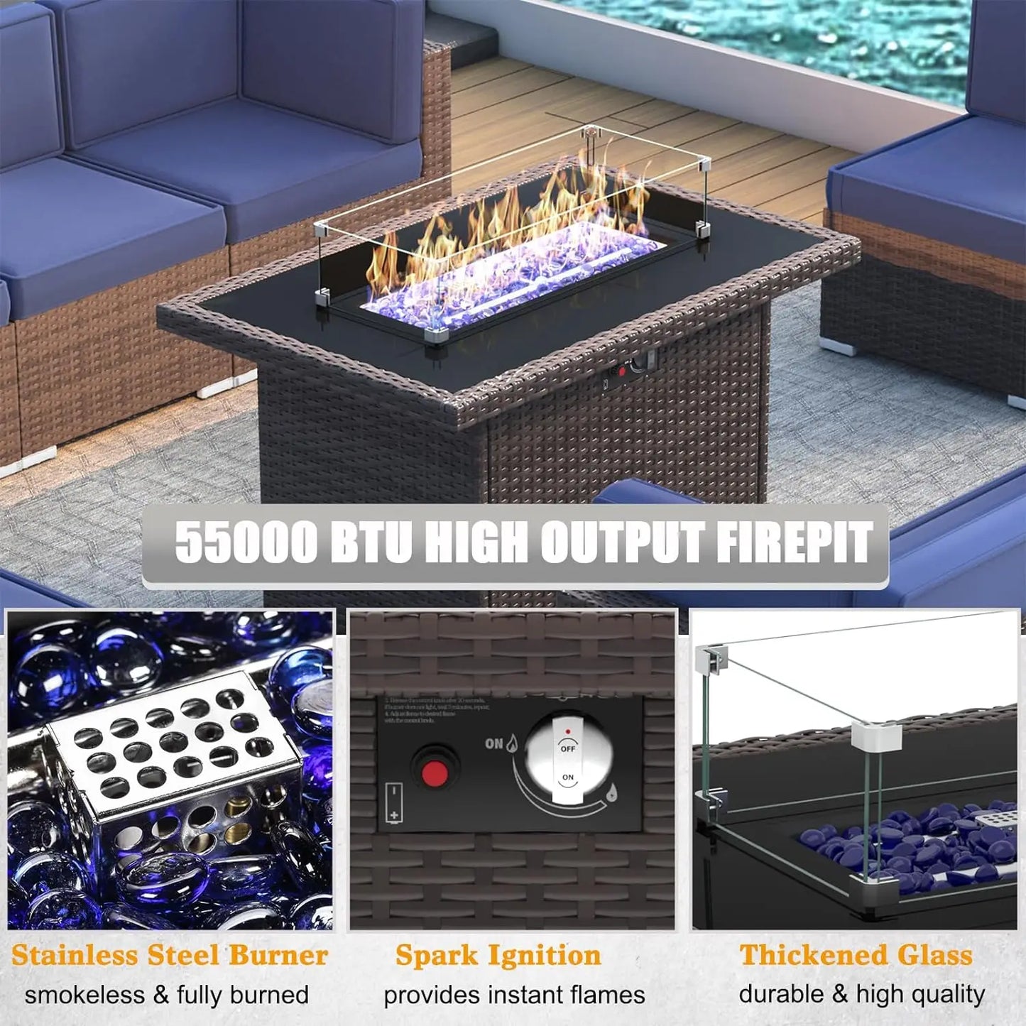 8 Piece Patio Furniture Set with 44" Propane Gas Fire Pit Table, Set Wicker Rattan Sofa Set and Coffee Table Rattan Möbel