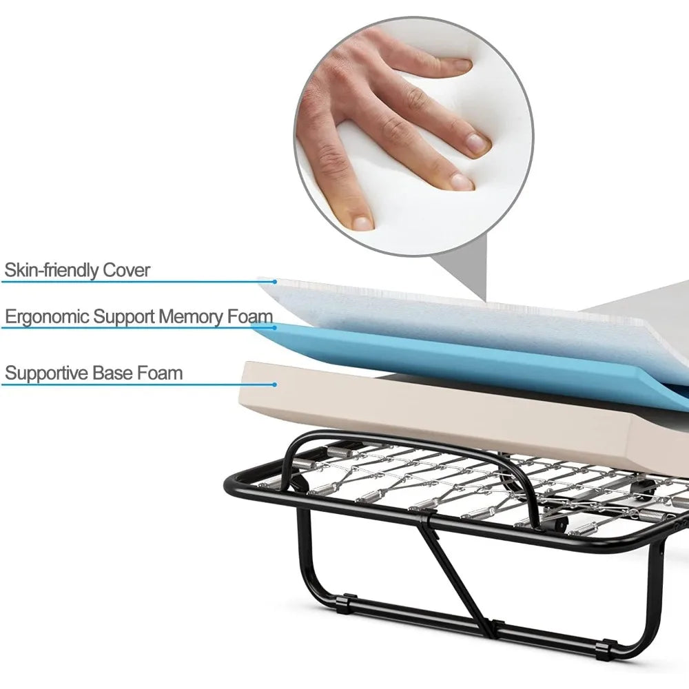 Lit pliant avec matelas pour adultes, lit pliant avec matelas en mousse à mémoire de forme et cadre en métal sur roulettes, lit d'appoint pour adulte de taille lit bébé