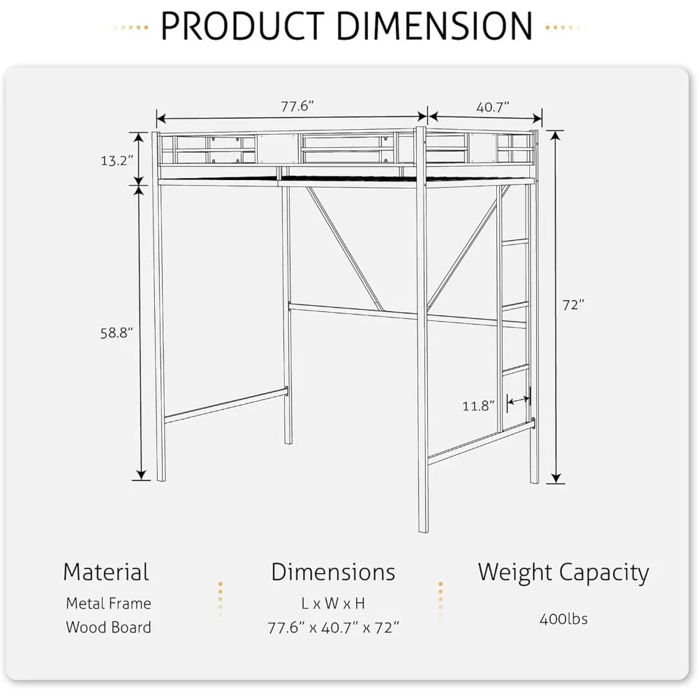 Metal Twin Loft Bed Frame with Stairs & Full-Length Guardrail, Space-Saving, Juniors and Adults, Noise Free, Strong Frame